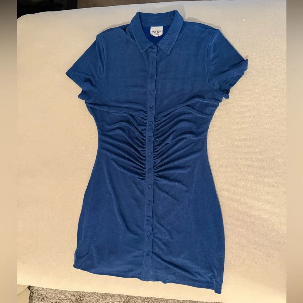 Blue Button-Up Collared Dress mini sparkly blue size L - Picture 2 of 4